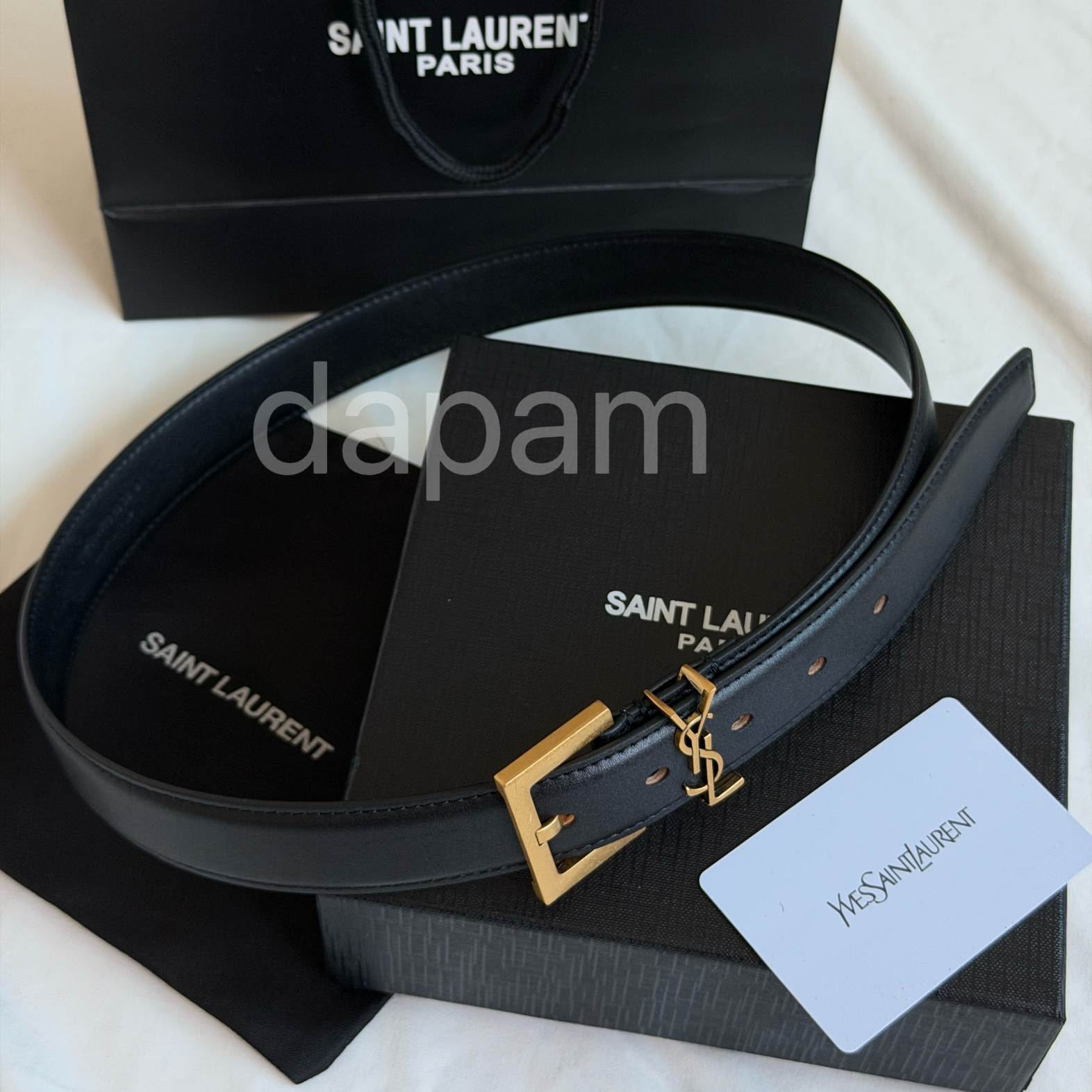 생로랑 YSL 카산드라 로고 블랙 레더 벨트